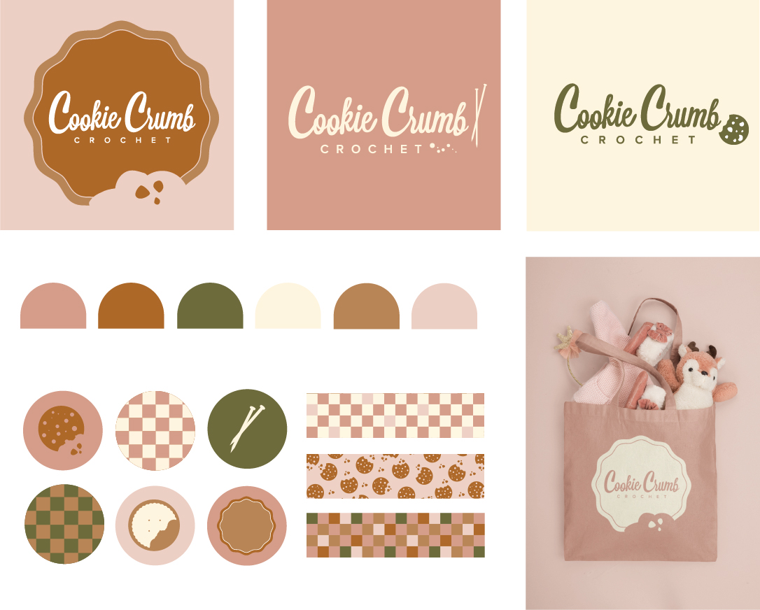 Visual representation of Cookie Crumb Crochet's brand package with logo, color scheme, typography, patterns, and more.