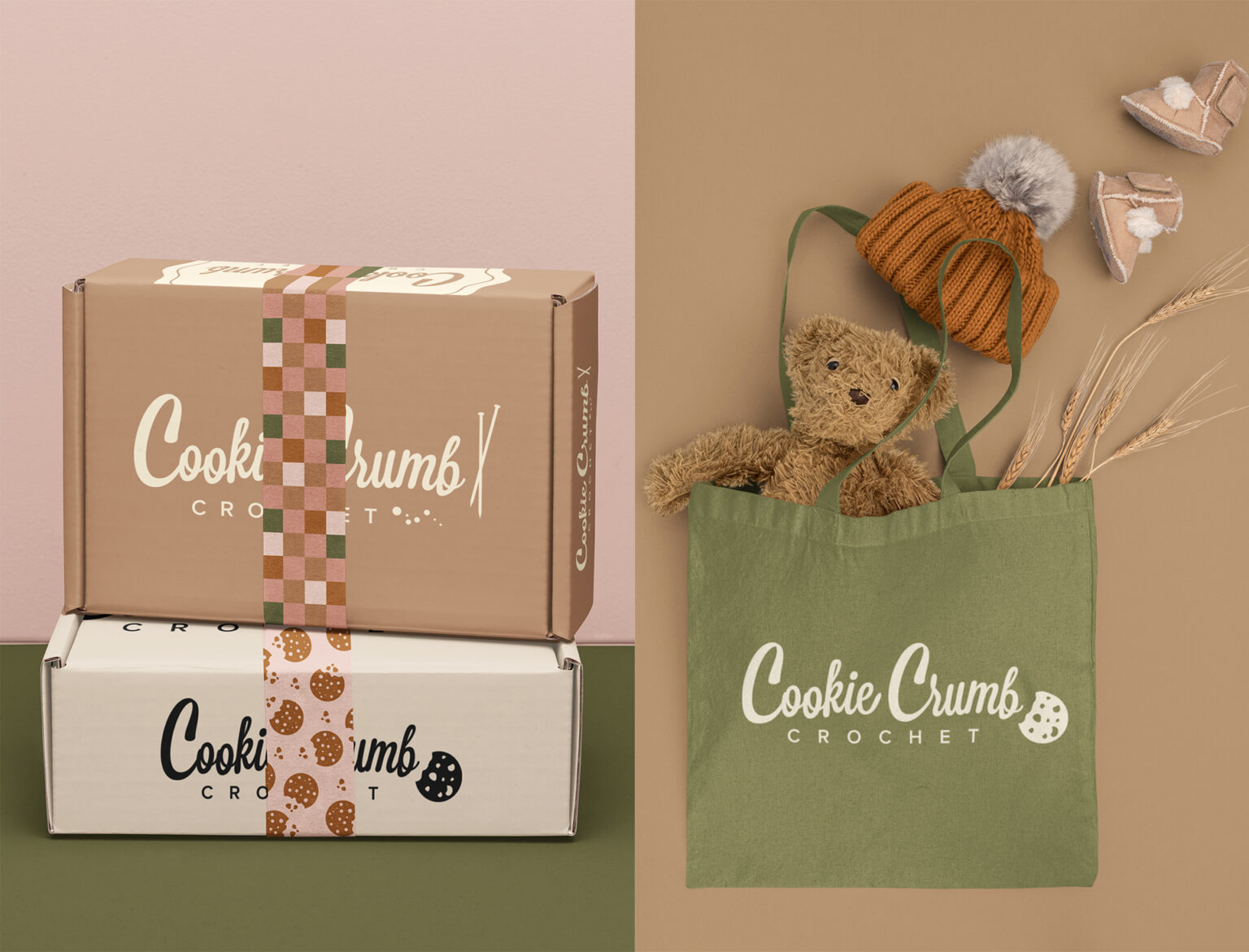 Packaging boxes with Cookie Crumb Crochet branding, paired with coordinating branded packing tape.