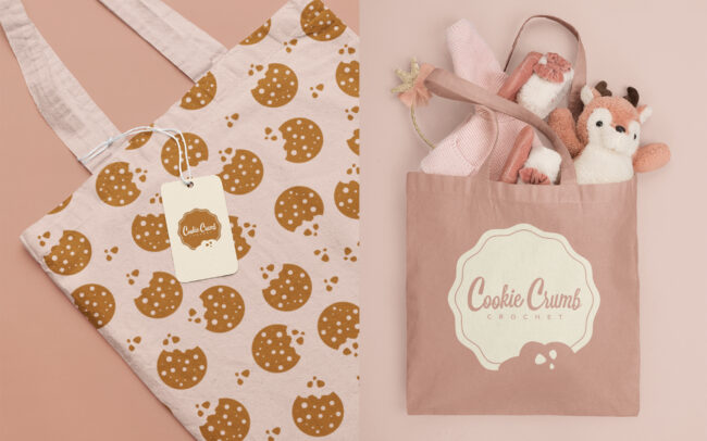 Creative brand tote mockup for Cookie Crumb Crochet.