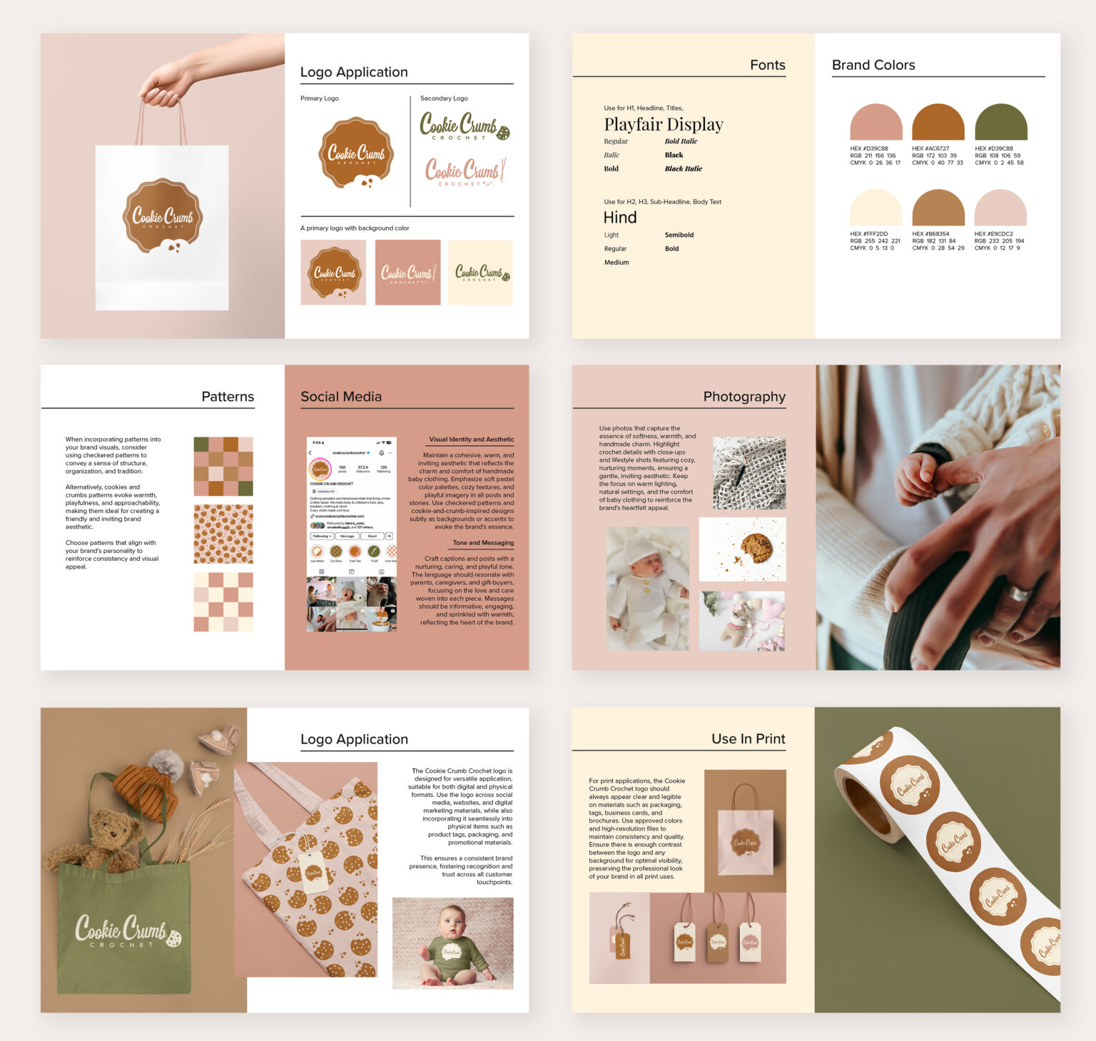 Detailed brand identity package designed for Cookie Crumb Crochet’s children’s crochet essentials.