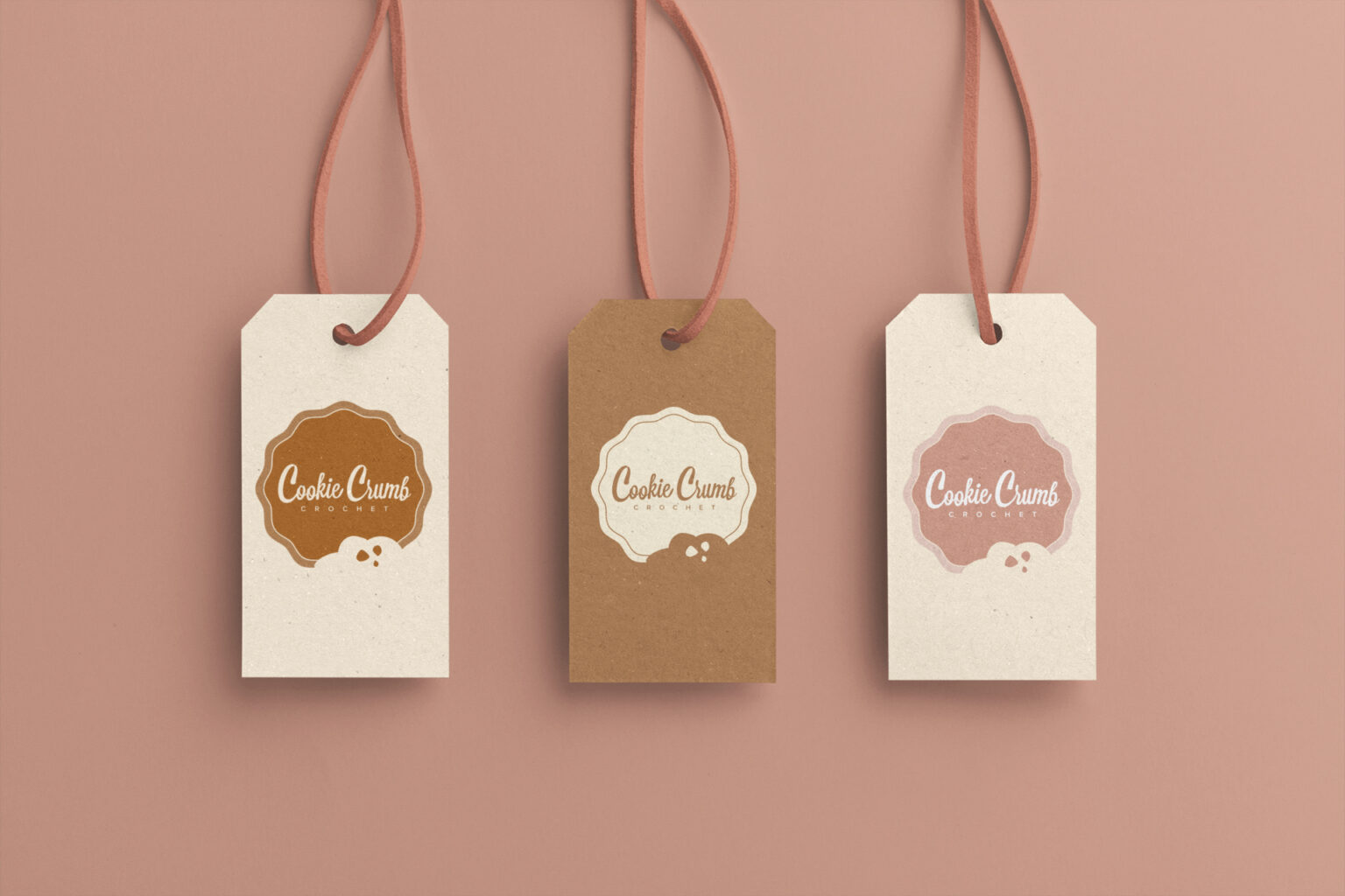 Options for branded packaging tags, displaying Cookie Crumb Crochet’s logo and style.